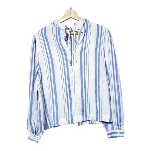 Blue & White Striped Tencel Blouse With Tie-Back & Pop Sleeves By Very J Sz M Ne - Picture 12 of 12